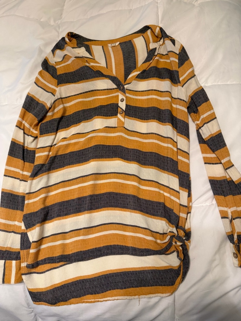 BKE Striped Henley Tunic - Mustard, Cream & Charcoal